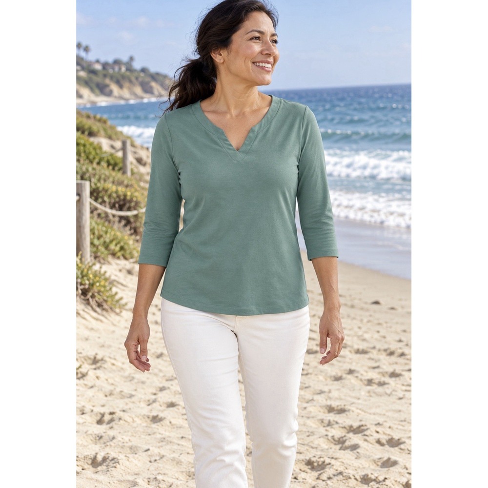Talbots Cotton Tee Long Sleeve Solid V Neck Sz S Green